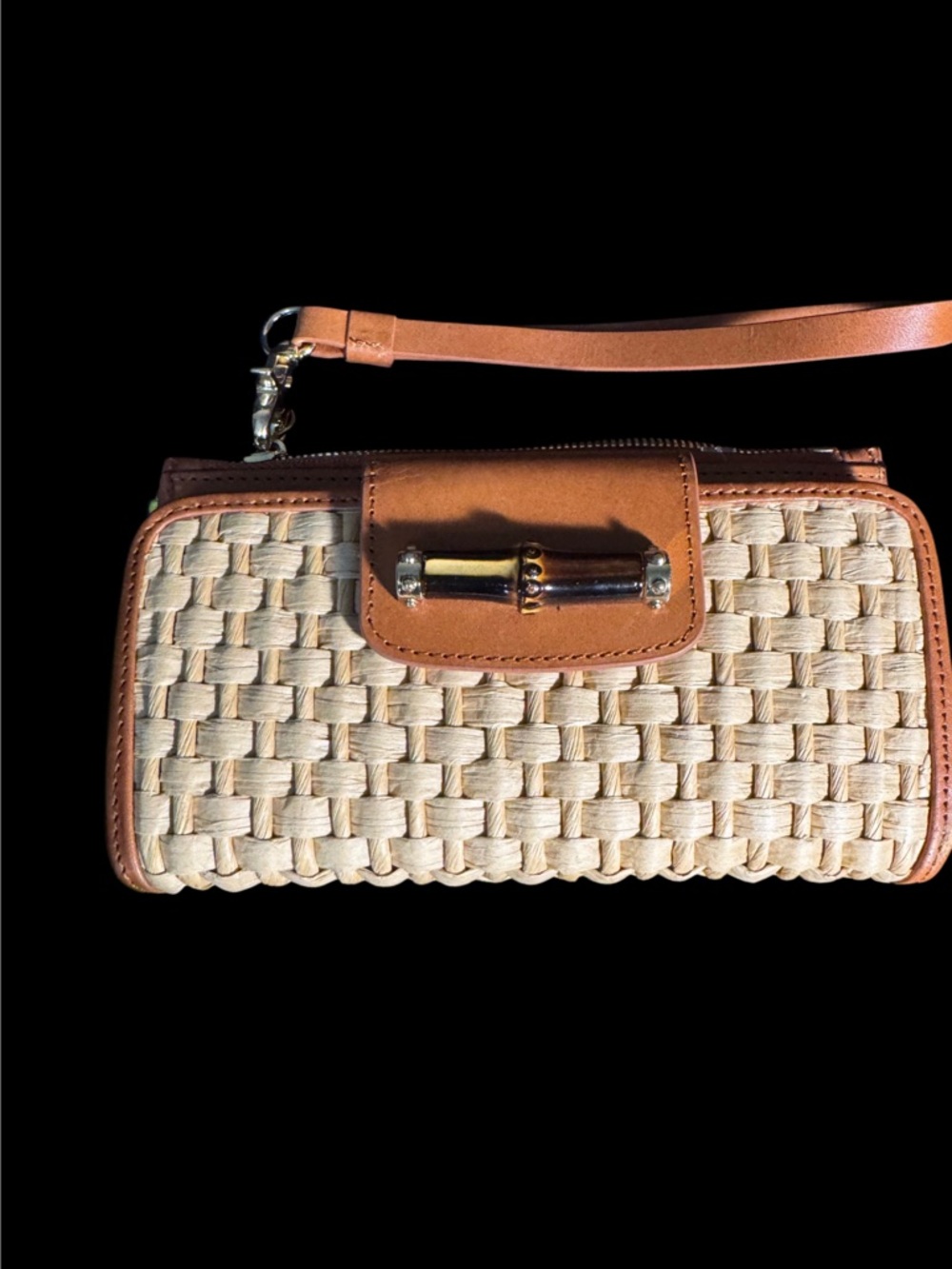 Spartina 449 Cream Woven Clutch with Tan Leather Trim saddle Brown Moon